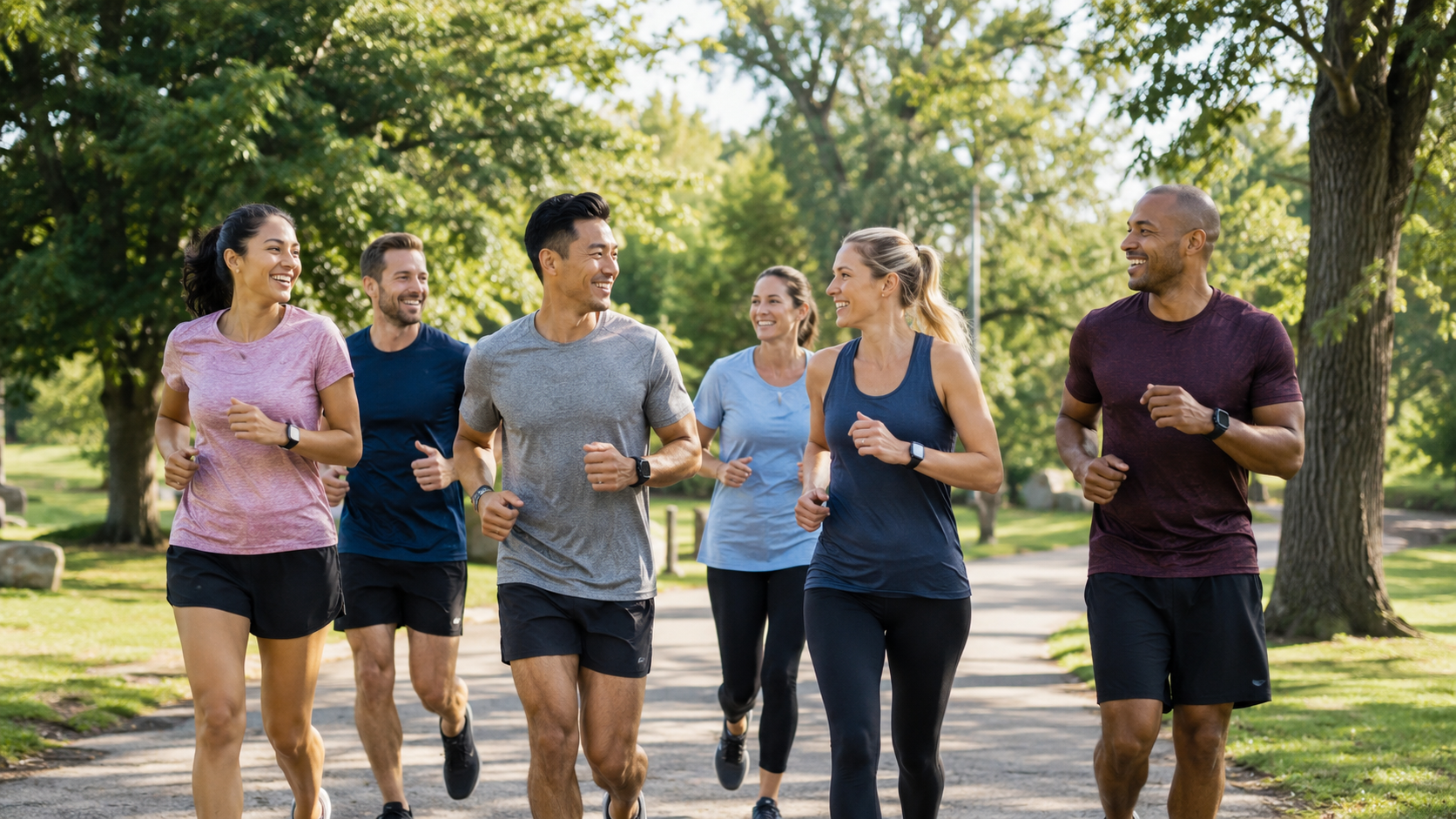 Laufgruppe auf einem Weg im Park