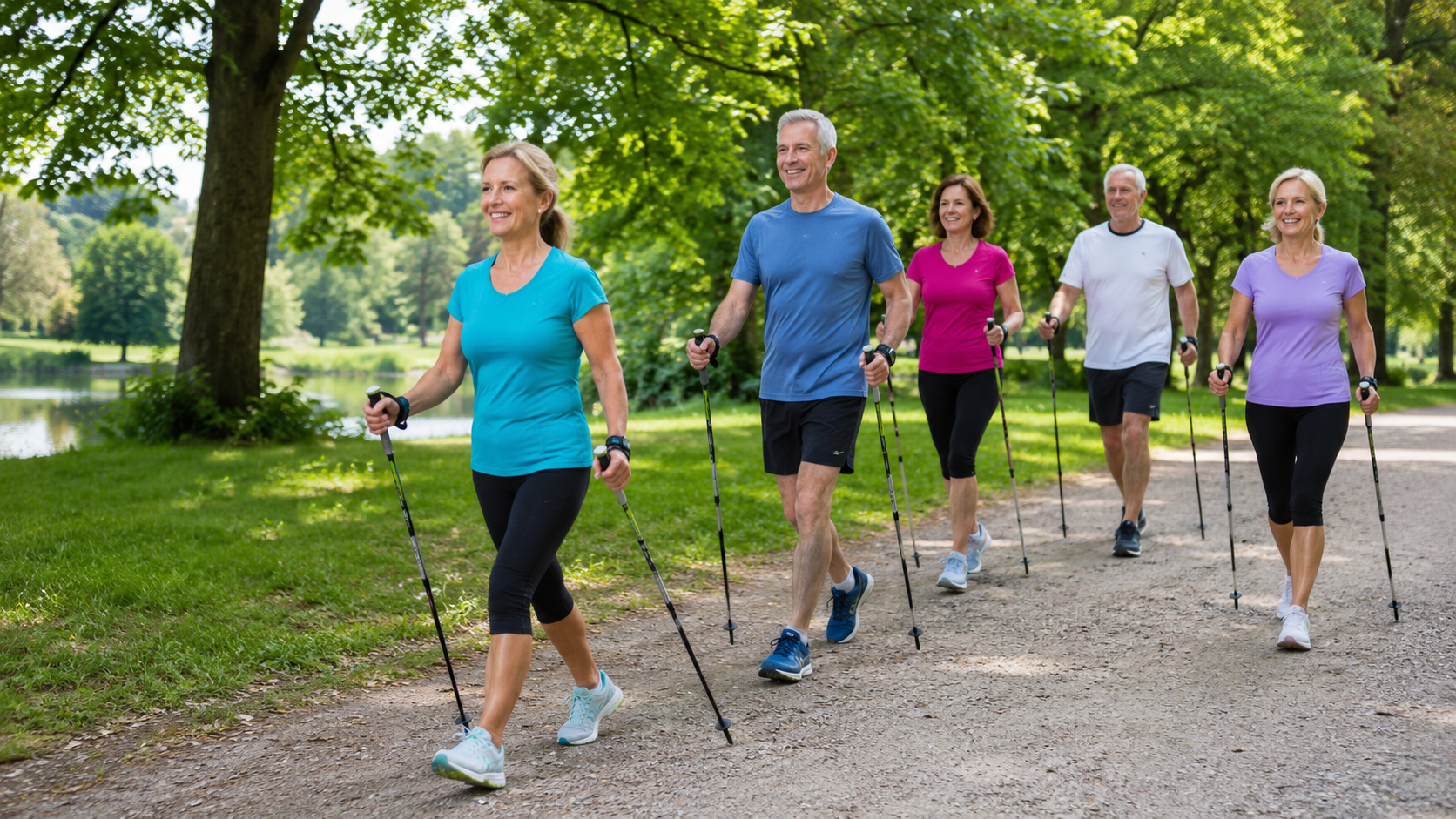 Gruppe beim Nordic Walking in einer Parklandschaft